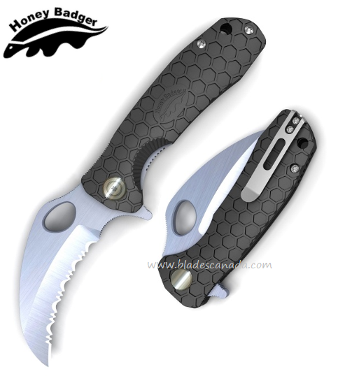 Honey Badger Medium Claw Flipper Folding Knife, Serrated, FRN Black, HB1131